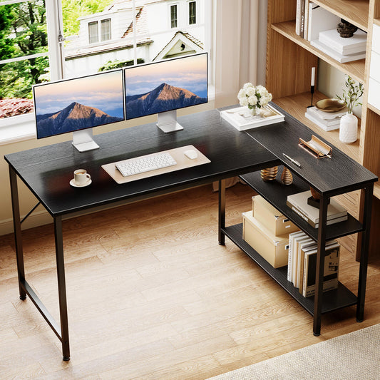 Casacomoda 48 Inch L Shaped Computer Desk with Reversible Storage Shelves, Corner Desk for Home Office and Study, Black
