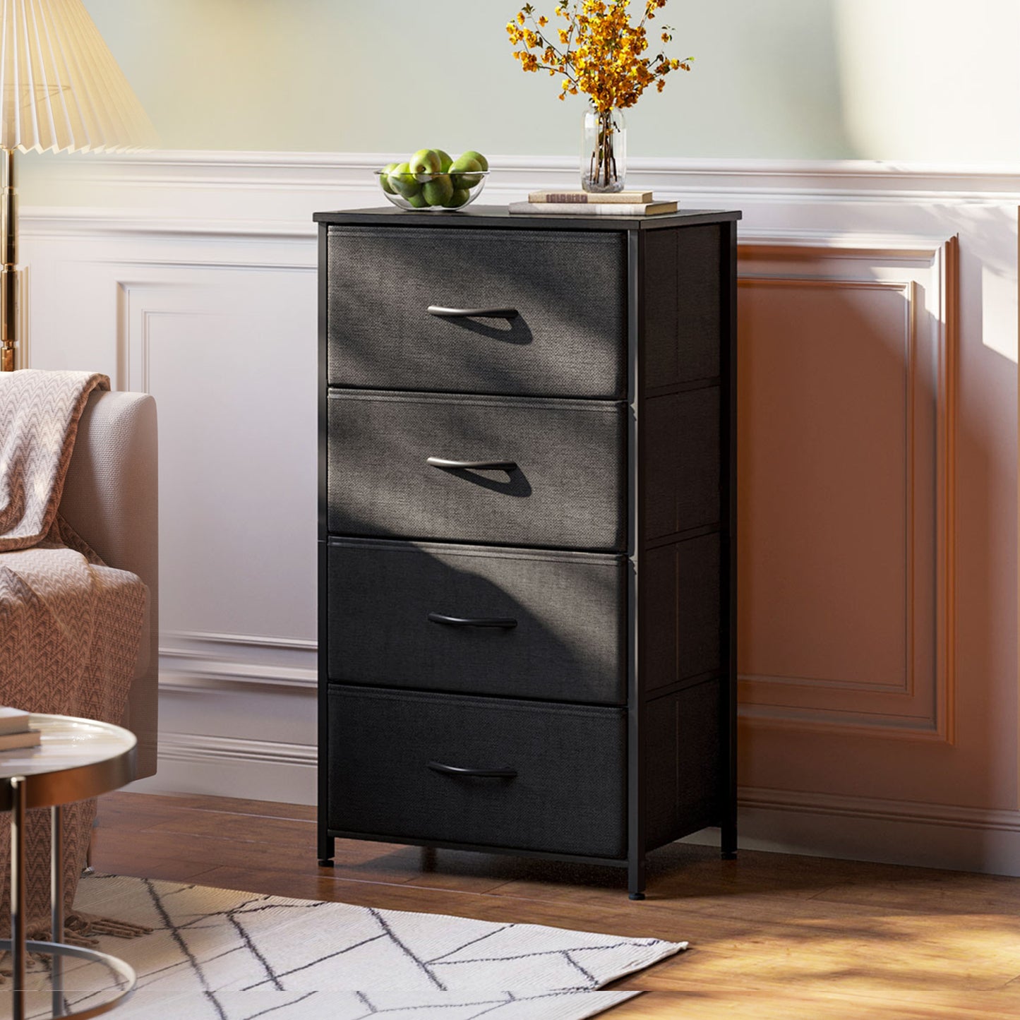 Casacomoda Dresser for Bedroom with 4 Storage Drawers, Small Dresser Chest of Drawers Fabric Dresser with Sturdy Steel Frame, Black
