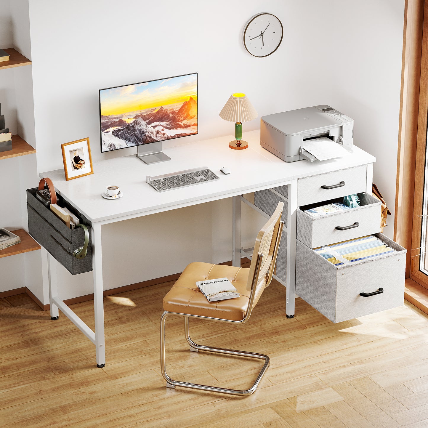 Casacomoda Small Computer Desk with Fabric Drawers & File Cabinet, Home Office Desk with Cloth Storage Bag and Hook, Writing Study Work Table for Small Space, Vanity Desk for Bedroom, White