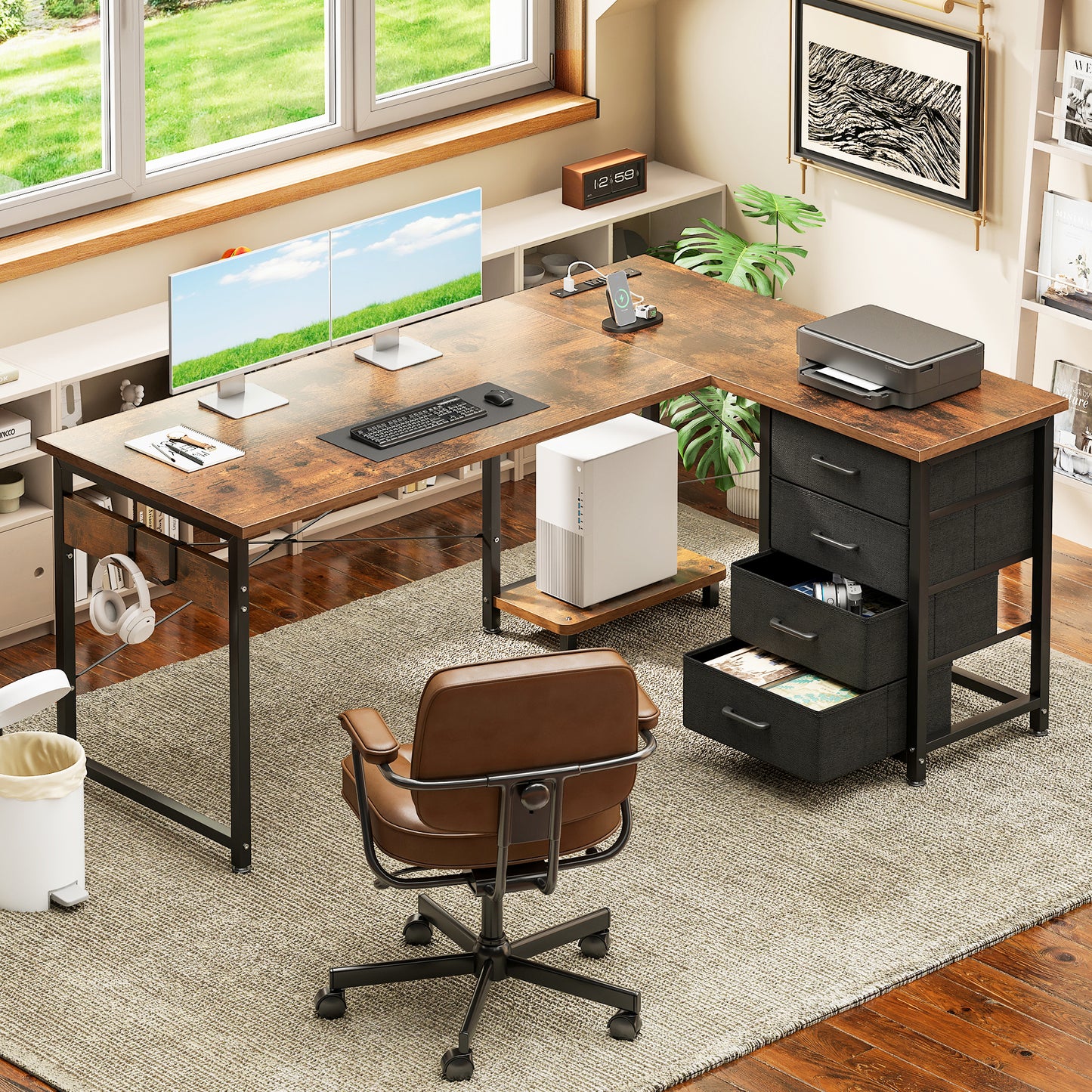 Casacomoda L Shaped Computer Desk with Charging Station , 53 inch PC Table Study Desk 4 Tier Drawers, Modern Simple Style Laptop Desk for Bedroom, Vintage