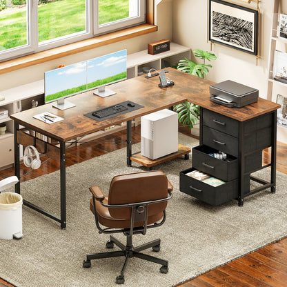 Casacomoda L Shaped Computer Desk with Charging Station , 53 inch PC Table Study Desk 4 Tier Drawers, Modern Simple Style Laptop Desk for Bedroom, Vintage