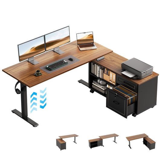 L-Shaped Standing Desk with Storage Cabinet and Drawers, Reversible Sit Stand Computer Desk for Home Office, Adjustable Height Desk, 48 Inch, Walnut & Black