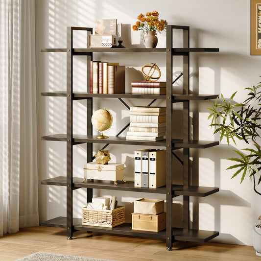 Industrial 5-Tier Bookshelf, Tall Bookcase with Reinforced Metal Frame, Open Design for Home Office, Living Room, Black