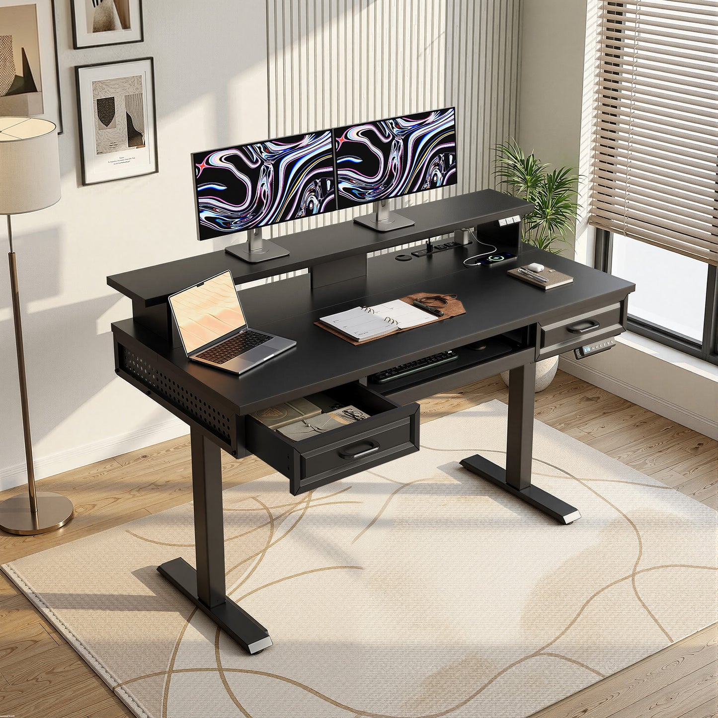Casacomoda 47.2" Electric Standing Desk with 2 Wooden Drawers & Keyboard Tray, Height Adjustable Sit Stand Desk with Power Outlets & LED Light for Home Office, Black