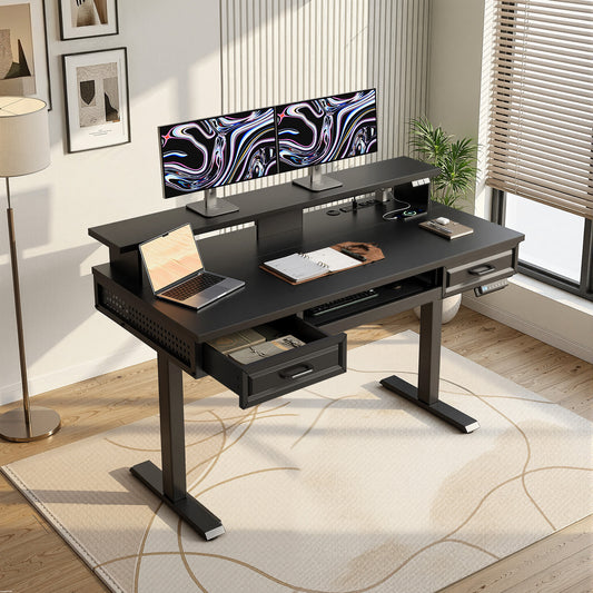 Casacomoda 47.2" Electric Standing Desk with 2 Wooden Drawers & Keyboard Tray, Height Adjustable Sit Stand Desk with Power Outlets & LED Light for Home Office, Black