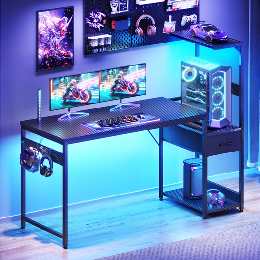 54" Gaming Desk with LED Lights & Storage Drawer, Reversible Computer Desk with Headphone Hook, Carbon Fiber Black