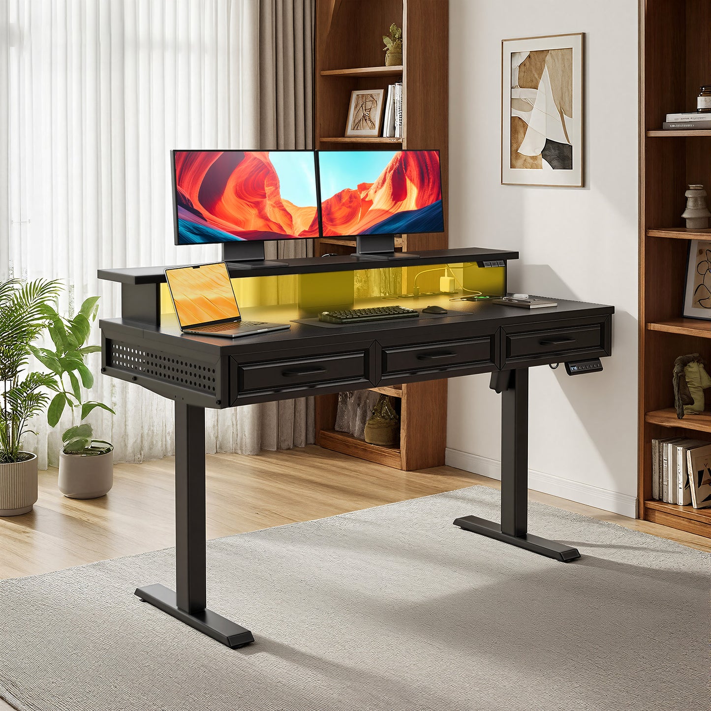 Casacomoda 48" Electric Standing Desk with 3 Wooden Drawers, Height Adjustable Desk with Power Outlets & LED Lights, Black Sit Stand Table with Monitor Stand for Home, Office, Workstation