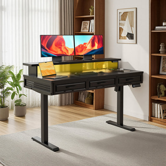 Casacomoda 48" Electric Standing Desk with 3 Wooden Drawers, Height Adjustable Desk with Power Outlets & LED Lights, Black Sit Stand Table with Monitor Stand for Home, Office, Workstation