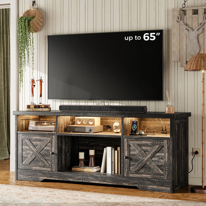 Farmhouse LED TV Stand for 65 Inch TV, Entertainment Center with Power Outlet, Media Console with Storage Cabinets and Shelves, Dark Oak