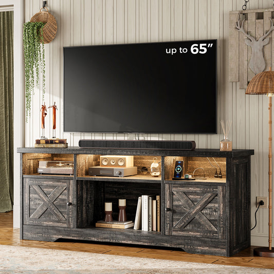 Farmhouse LED TV Stand for 65 Inch TV, Entertainment Center with Power Outlet, Media Console with Storage Cabinets and Shelves, Dark Oak
