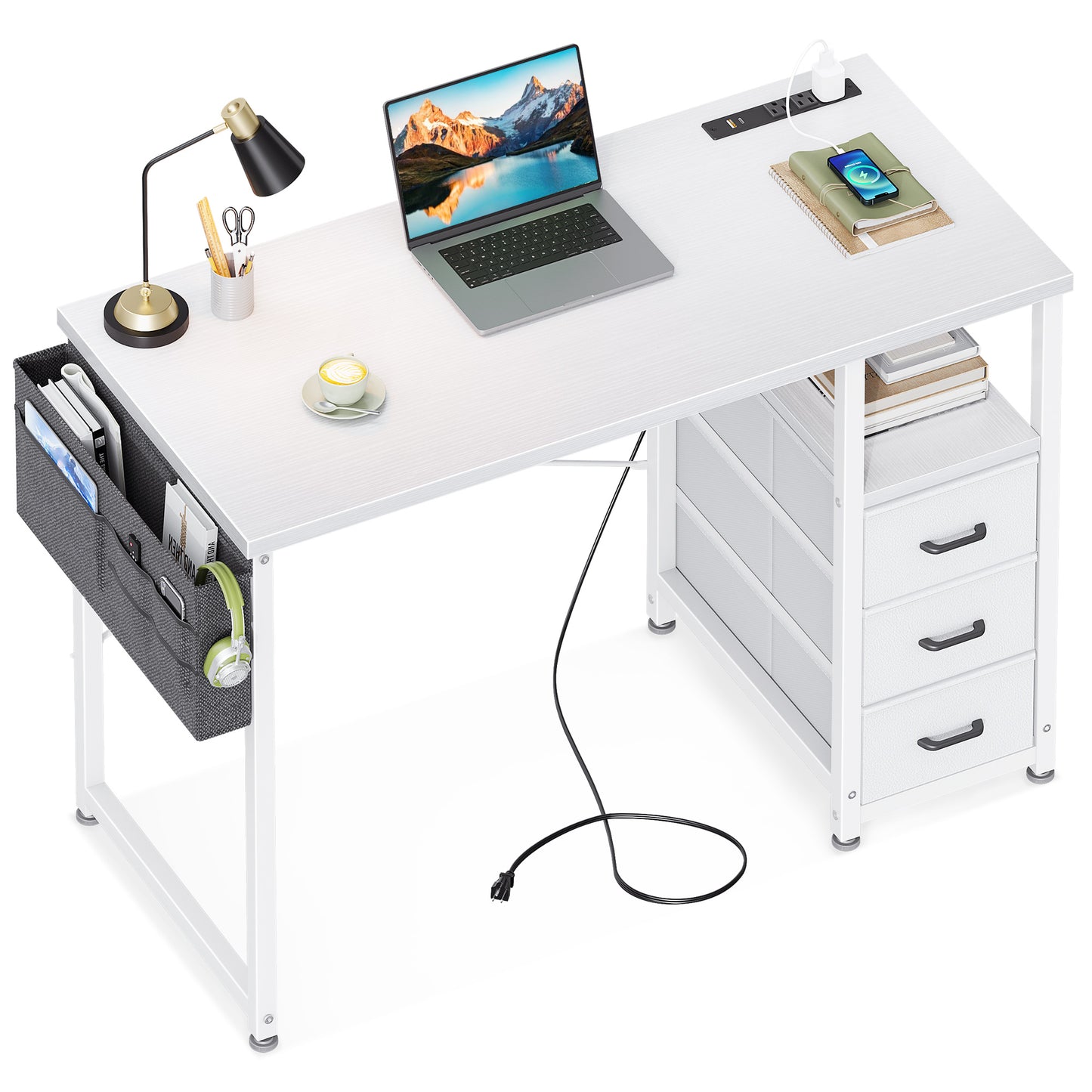 Casacomoda 40 inch Small Computer Desk with Fabric Drawers and Charging Station, Home Office Desk with Storage Shelf & Bag, White