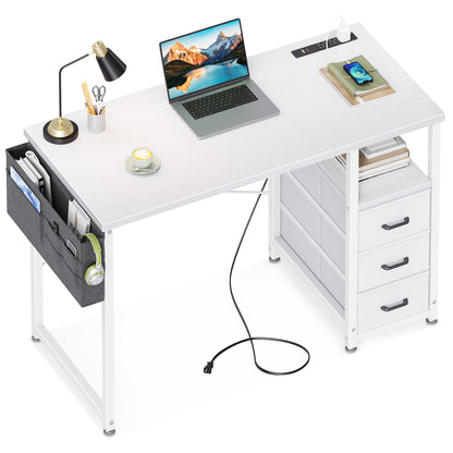 Casacomoda 40 inch Small Computer Desk with Fabric Drawers and Charging Station, Home Office Desk with Storage Shelf & Bag, White