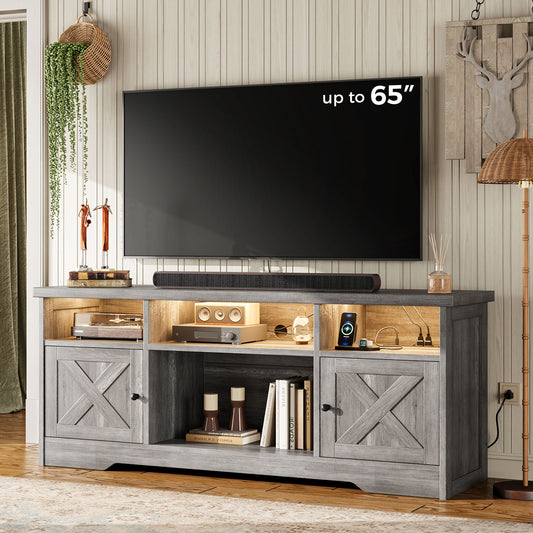 Farmhouse LED TV Stand for 65 Inch TV, Entertainment Center with Power Outlet, Media Console with Storage Cabinets and Shelves, Gray Oak