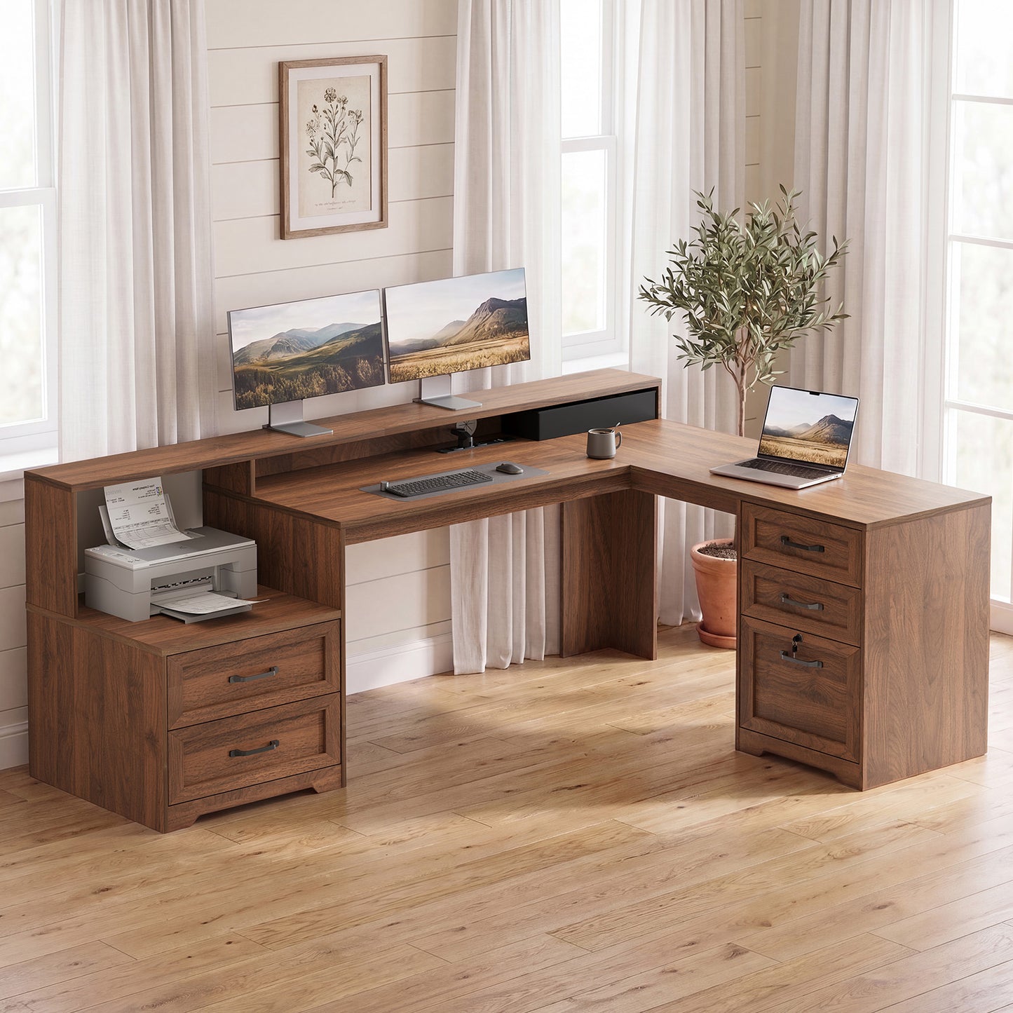 Casacomoda Farmhouse Executive Desk 68 Inch, L Shaped Computer Desk with Drawers, Office Desk with Locking Cabinet, Corner Desk with Printer Shelf & Power Outlet, Monitor Stand, Walnut