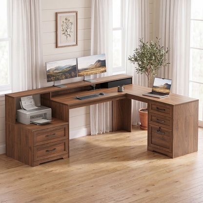 Casacomoda Farmhouse Executive Desk 68 Inch, L Shaped Computer Desk with Drawers, Office Desk with Locking Cabinet, Corner Desk with Printer Shelf & Power Outlet, Monitor Stand, Walnut