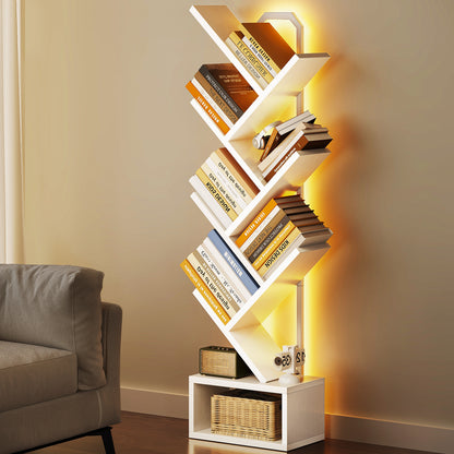 Casacomoda 6 Tier Tree Bookshelf, Bookcase with LED Lights, Display Floor Standing Storage Shelf, Book Organizer Shelves for Home Office, Living Room, White