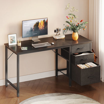 48 inch Computer Desk with 3 Fabric Drawers, Home Office Desk with File Cabinet, Writing Desk for Work and Study, Black