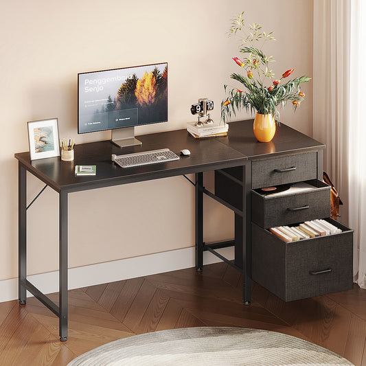 48 inch Computer Desk with 3 Fabric Drawers, Home Office Desk with File Cabinet, Writing Desk for Work and Study, Black