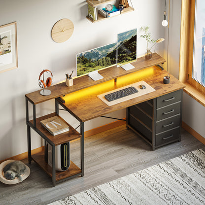 Casacomoda 55 Inch Computer Desk with LED Light, Monitor Stand, Desk with 4 Drawers, Home Office Desk with Storage Shelves, White Office Desks, Vintage and Black
