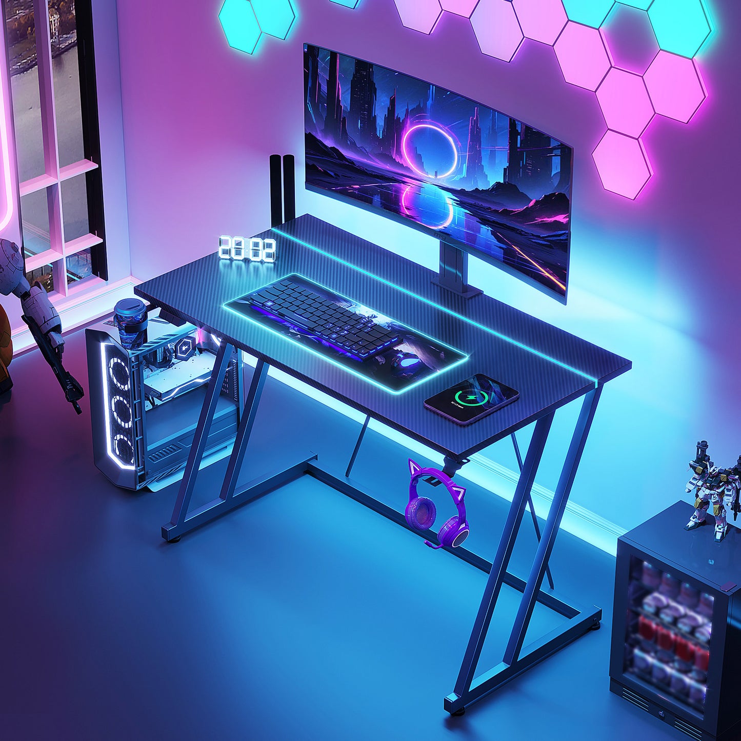 31.5 inch Gaming Desk with Z-Leg Design, Computer Desk with LED Light & Power Outlet, Gaming Table Suitable for Small Space, Black