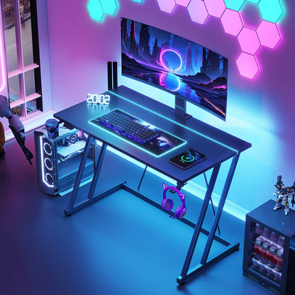 31.5 inch Gaming Desk with Z-Leg Design, Computer Desk with LED Light & Power Outlet, Gaming Table Suitable for Small Space, Black