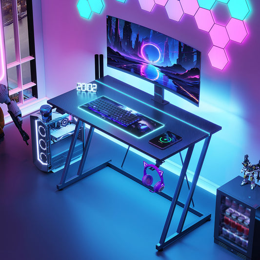 31.5 inch Gaming Desk with Z-Leg Design, Computer Desk with LED Light & Power Outlet, Gaming Table Suitable for Small Space, Black