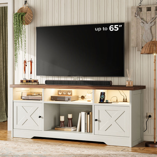 Farmhouse LED TV Stand for 65 Inch TV, Entertainment Center with Power Outlet, Media Console with Storage Cabinets and Shelves, White