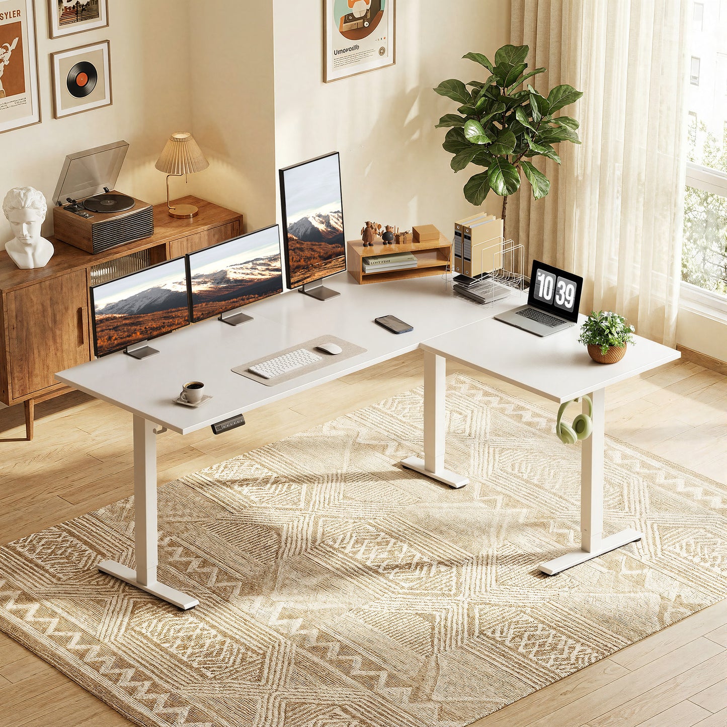 L-Shaped Standing Desk 63 x 47 inch, Height Adjustable Electric Corner Standing Desk, Sit-Stand Computer Desk for Home Office, White