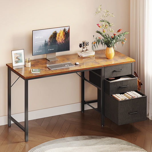 48 Inch Computer Desk with 3 Fabric Drawers, Home Office Desk with File Cabinet, Writing Desk for Work and Study, Vintage and Black
