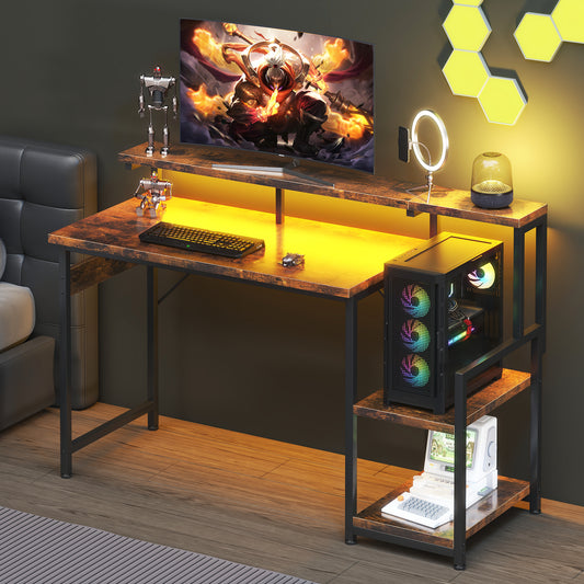 Casacomoda 48 Inch Computer Desk with Monitor Stand & LED Lights, Home Office Desk with Adjustable Storage Shelf & CPU Stand, Vintage