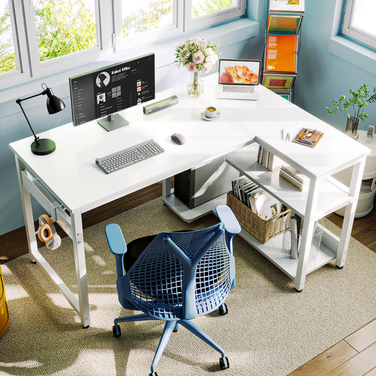 Casacomoda 40 Inch L Shaped Computer Desk with Storage Shelves & CPU Stand, Small Corner Desk with Headphone Hook, Home Office Desk, Reversible, White