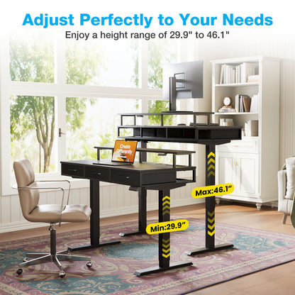 Casacomoda Electric Standing Desk with Power Outlets and LED Lights, Adjustable Height Sit Stand Desk with Monitor Shelf & 3 Fabric Drawers for Home Office, Black
