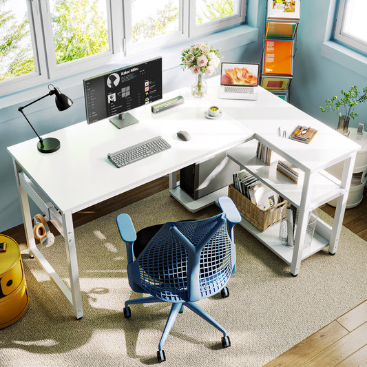 Casacomoda L Shaped Computer Desk with Power Outlet Shelves, 48 Inch Big Reversible Corner Desk for Small Space Home Office, L-Shaped Desk PC Desks, White