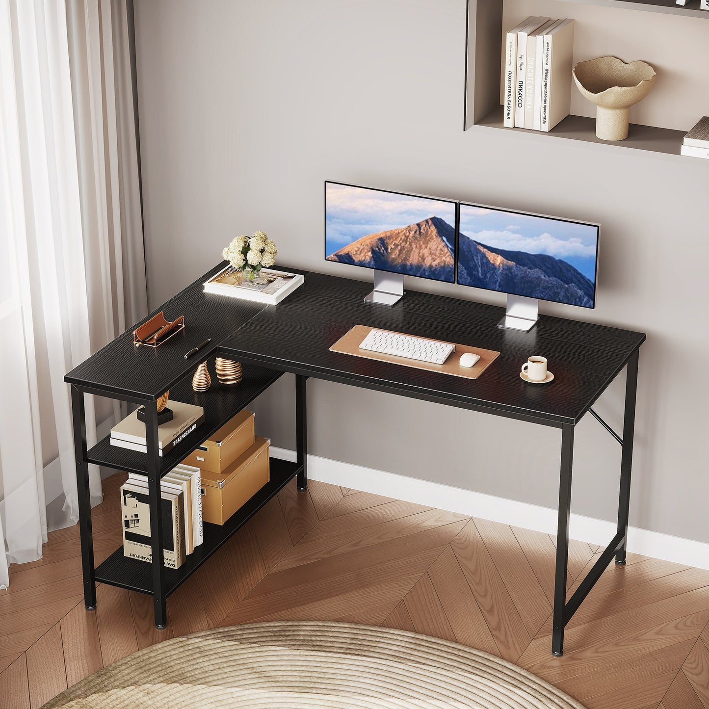 Casacomoda 48 Inch L Shaped Computer Desk with Reversible Storage Shelves, Corner Desk for Home Office and Study, Black