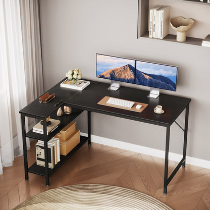 Casacomoda 48 Inch L Shaped Computer Desk with Reversible Storage Shelves, Corner Desk for Home Office and Study, Black