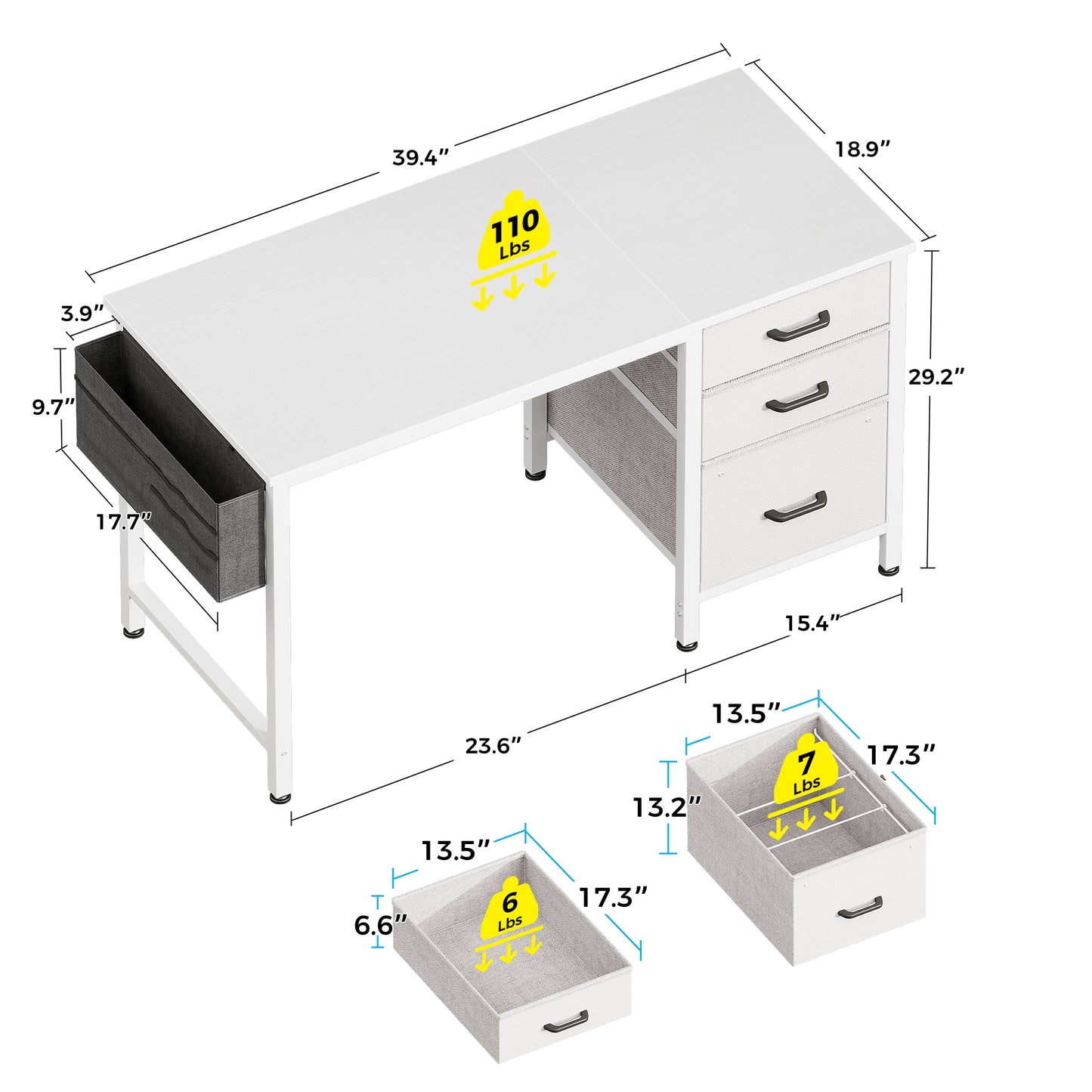 Casacomoda 40" Small Computer Desk with Fabric Drawers & File Cabinet, Home Office Desk with Cloth Storage Bag and Hook, Writing Study Work Table for Small Space, Vanity Desk for Bedroom, White