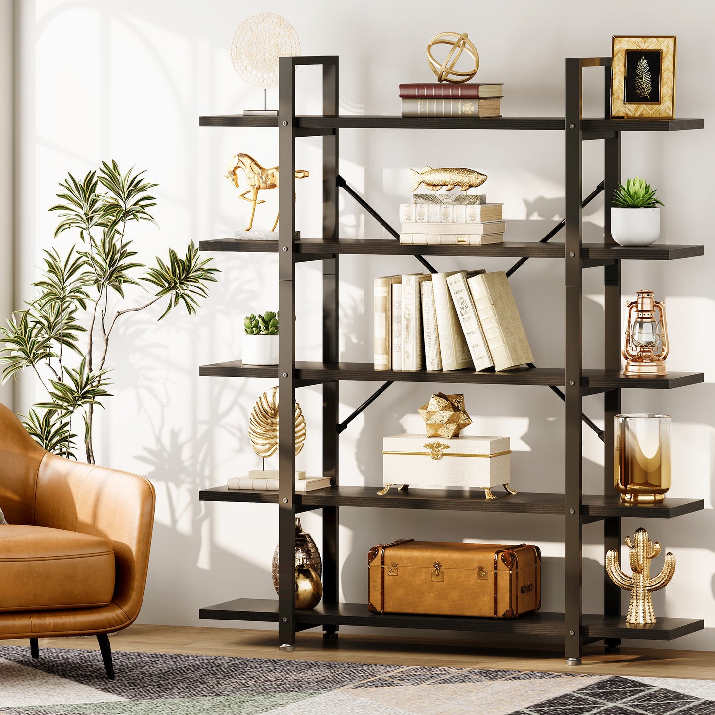 Industrial 5-Tier Bookshelf, Tall Bookcase with Reinforced Metal Frame, Open Design for Home Office, Living Room, Black