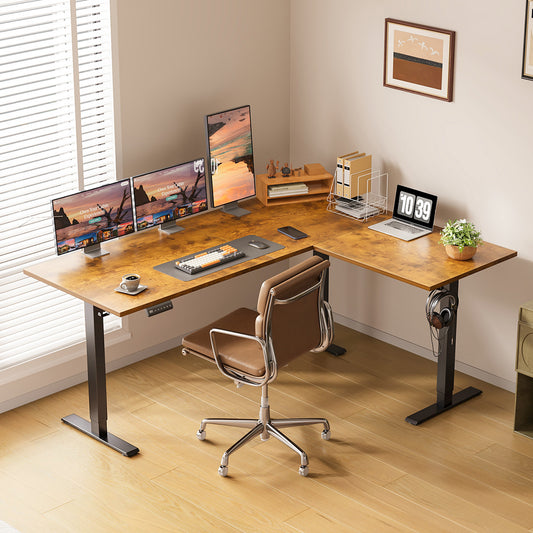 L Shaped Standing Desk 63 x 47 inch, Height Adjustable Electric Corner Standing Desk, Sit-Stand Computer Desk for Home Office, Vintage and Brown