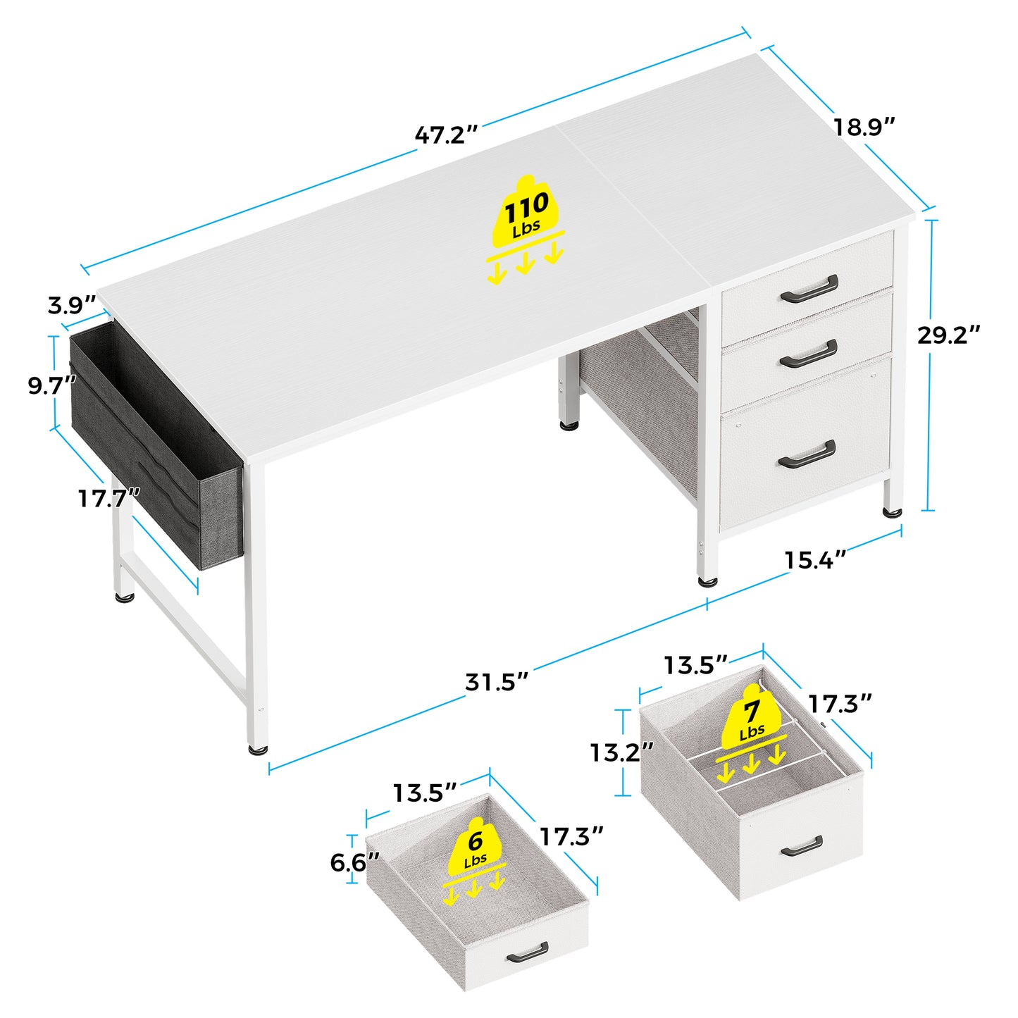 Casacomoda Small Computer Desk with Fabric Drawers & File Cabinet, Home Office Desk with Cloth Storage Bag and Hook, Writing Study Work Table for Small Space, Vanity Desk for Bedroom, White