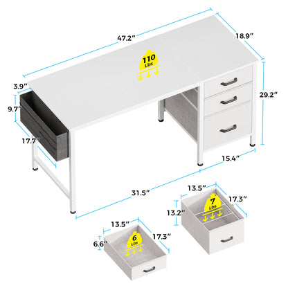 Casacomoda Small Computer Desk with Fabric Drawers & File Cabinet, Home Office Desk with Cloth Storage Bag and Hook, Writing Study Work Table for Small Space, Vanity Desk for Bedroom, White
