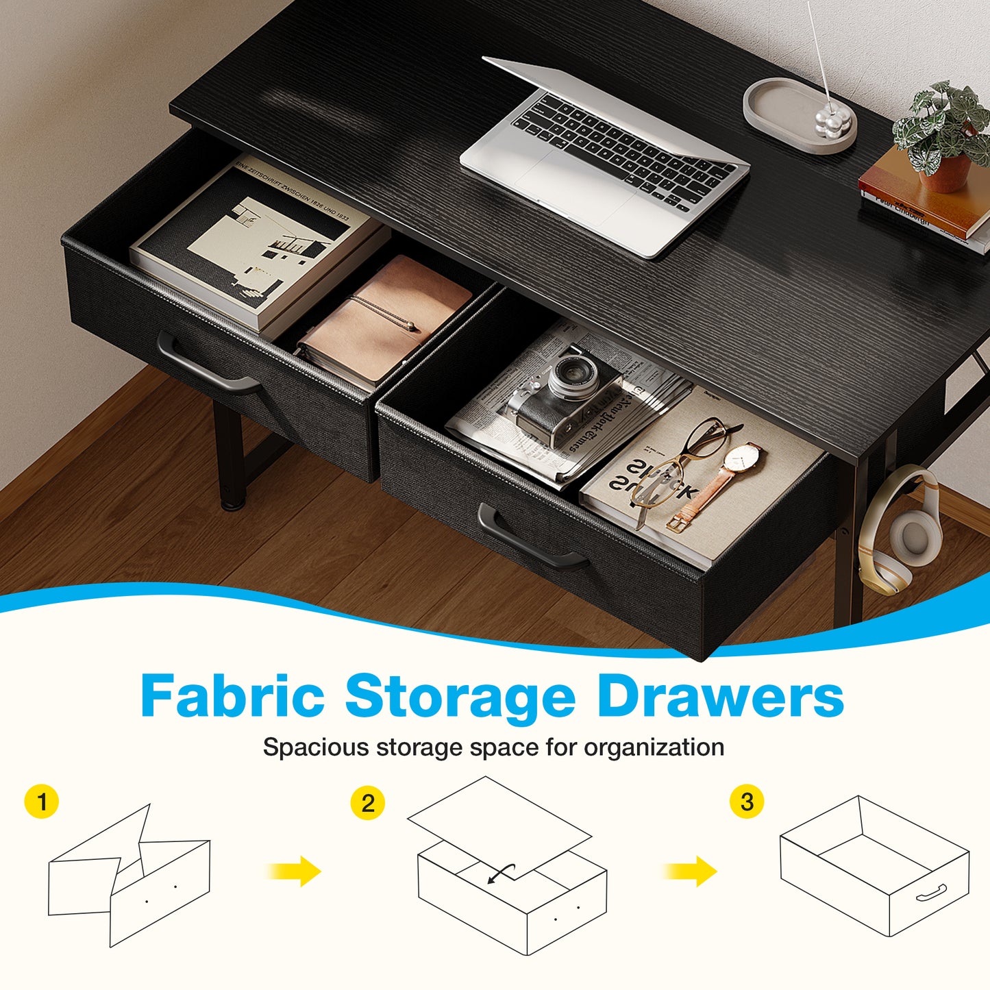 Casacomoda 32 Inch Writing Desk with Fabric Drawers, Modern Study Table with Storage for Student/Kids, Small Computer Desk for Small Space, Home Office Desk, Black
