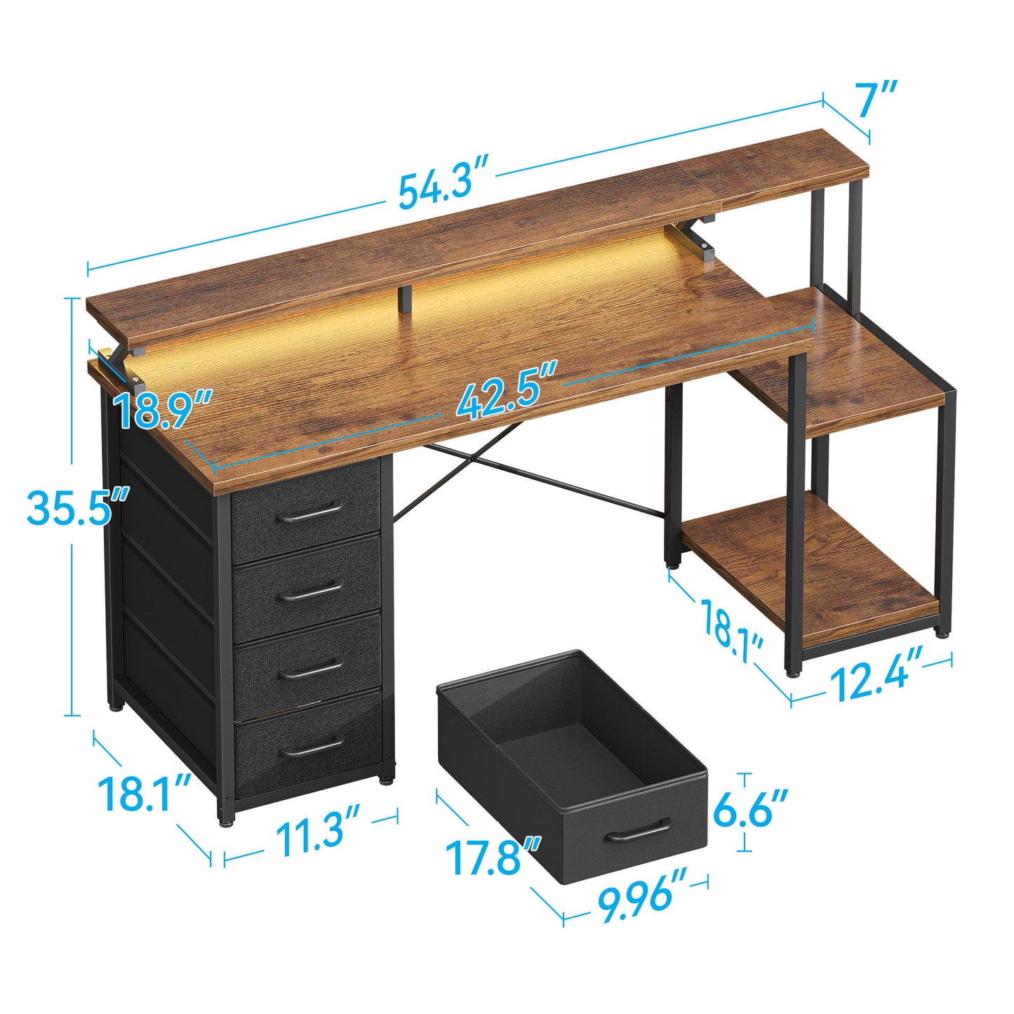 Casacomoda 55 Inch Computer Desk with LED Light, Monitor Stand, Desk with 4 Drawers, Home Office Desk with Storage Shelves, White Office Desks, Vintage and Black
