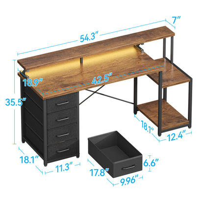 Casacomoda 55 Inch Computer Desk with LED Light, Monitor Stand, Desk with 4 Drawers, Home Office Desk with Storage Shelves, White Office Desks, Vintage and Black