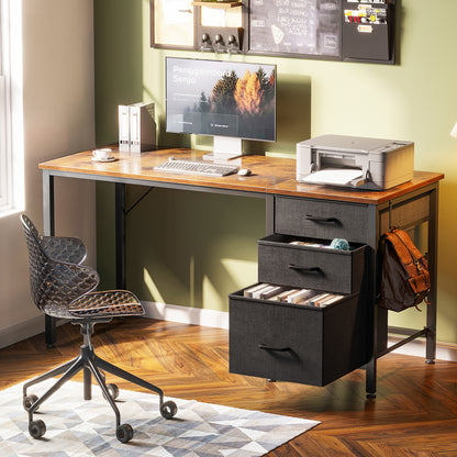 48 Inch Computer Desk with 3 Fabric Drawers, Home Office Desk with File Cabinet, Writing Desk for Work and Study, Vintage and Black