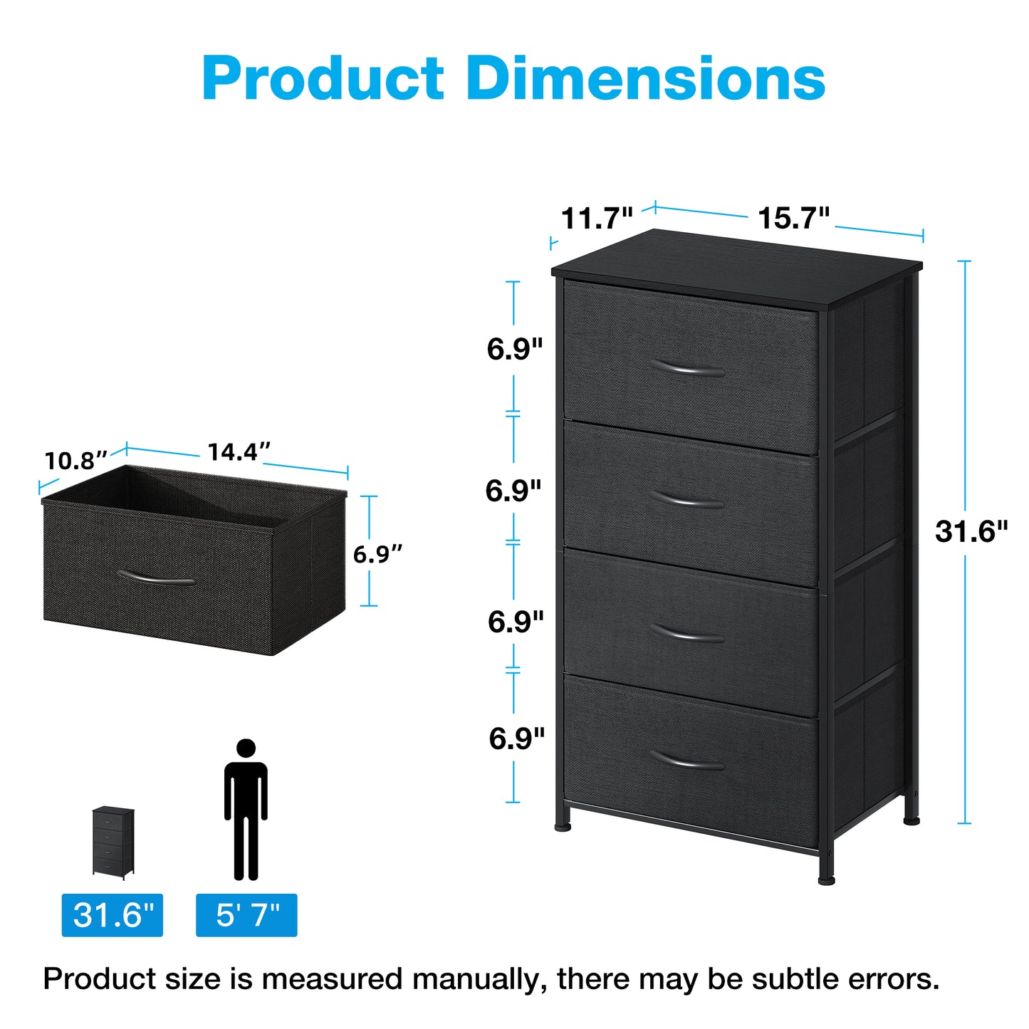 Casacomoda Dresser for Bedroom with 4 Storage Drawers, Small Dresser Chest of Drawers Fabric Dresser with Sturdy Steel Frame, Black