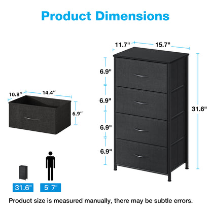 Casacomoda Dresser for Bedroom with 4 Storage Drawers, Small Dresser Chest of Drawers Fabric Dresser with Sturdy Steel Frame, Black