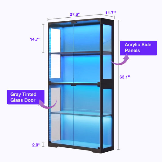 Casacomoda Display Case with Glass Door & LED Lights, 63" 4-Tier Curio Cabinet, Modern Glass Display Shelf for Living Room & Bedroom, Black