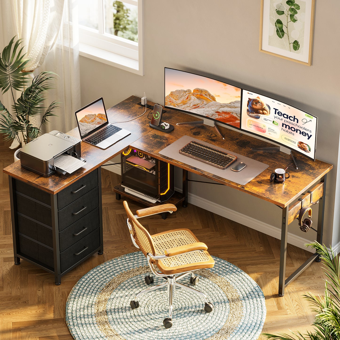 Casacomoda L Shaped Computer Desk with Charging Station , 53 inch PC Table Study Desk 4 Tier Drawers, Modern Simple Style Laptop Desk for Bedroom, Vintage