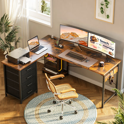 Casacomoda L Shaped Computer Desk with Charging Station , 53 inch PC Table Study Desk 4 Tier Drawers, Modern Simple Style Laptop Desk for Bedroom, Vintage