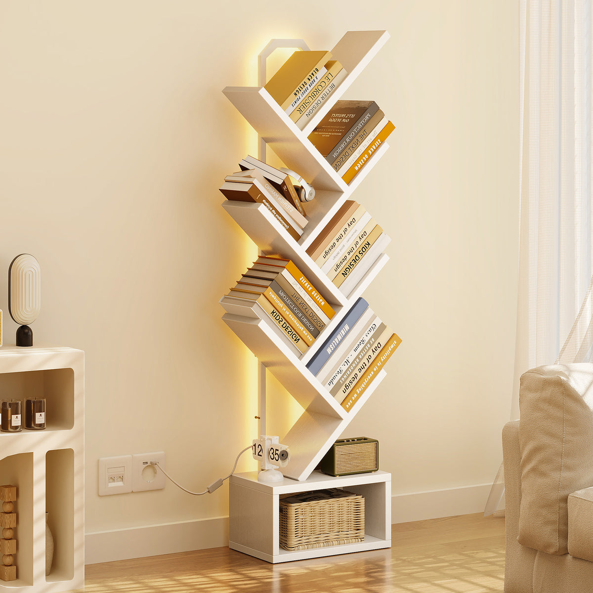 Casacomoda 6 Tier Tree Bookshelf, Bookcase with LED Lights, Display Floor Standing Storage Shelf, Book Organizer Shelves for Home Office, Living Room, White